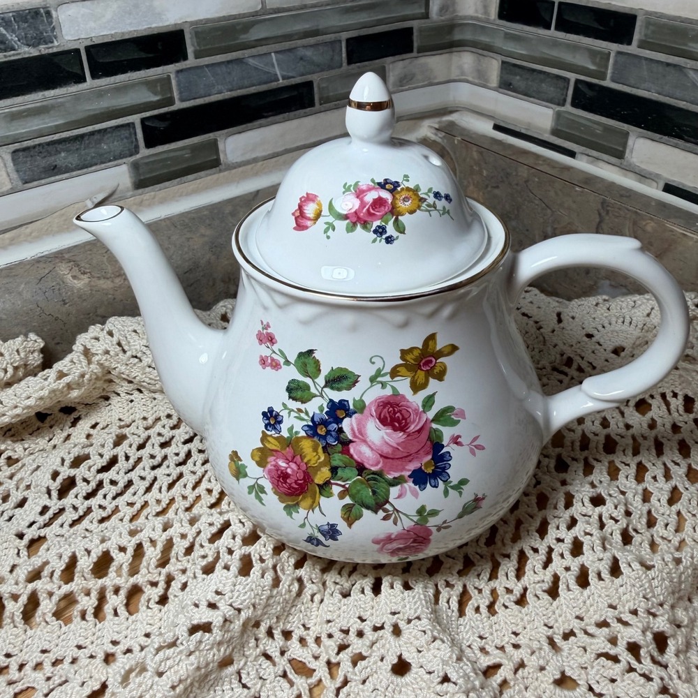 Vintage Arthur Wood & Son Staffordshire England Floral Teapot 6314 Gold Trim